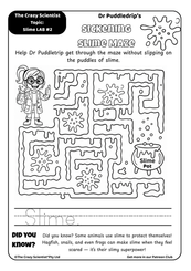 Black and white slime maze worksheet for kids featuring Dr. Puddledrip and a cauldron of slime.