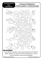 Jurassic Jumbles dino maze puzzle worksheet with cartoon dinosaurs and a fun prehistoric path activity.
