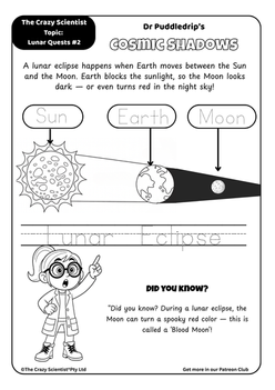 Black and white lunar eclipse worksheet for kids showing Sun, Earth, Moon, shadows, and Dr. Puddledrip cartoon character.