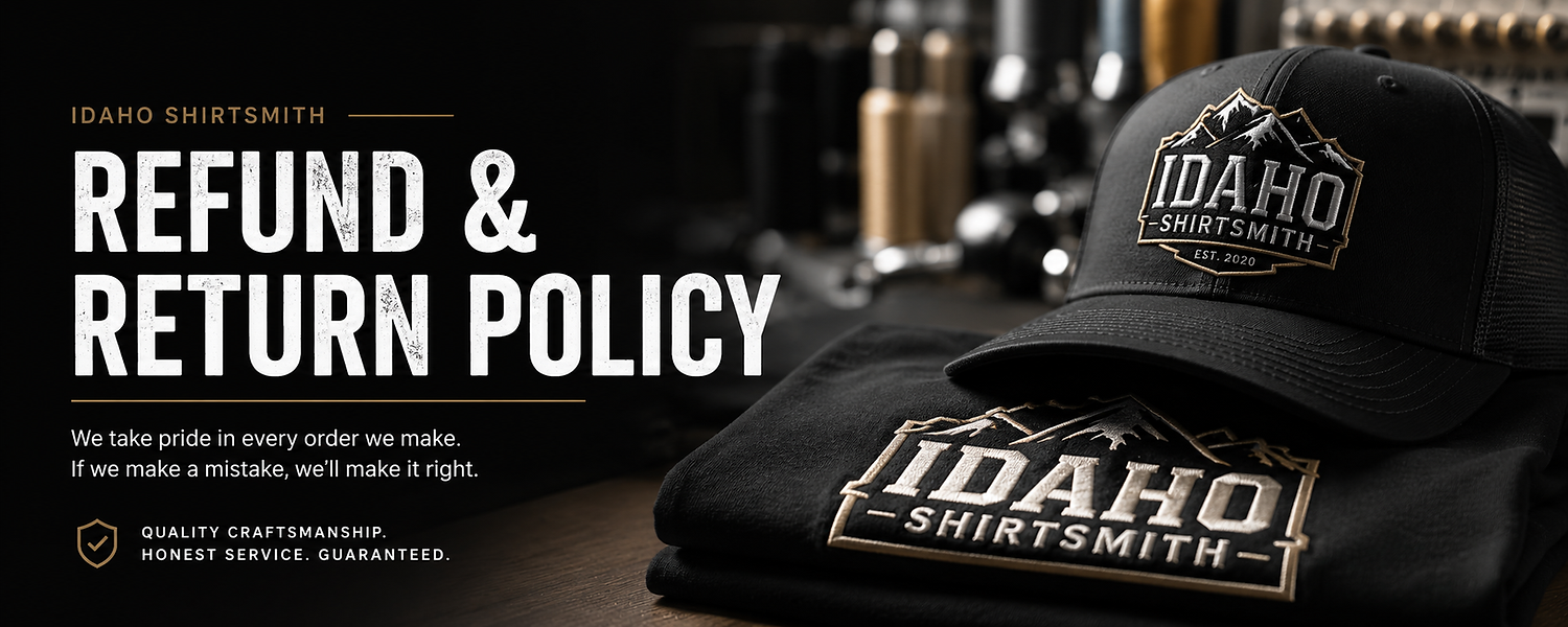 Idaho Shirtsmith return and refund policy for custom apparel, screen printing, embroidery, and promotional products