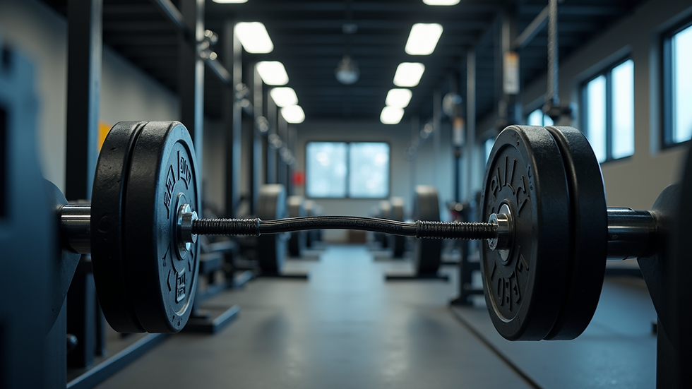 Eye-level view of gym equipment arranged for strength training