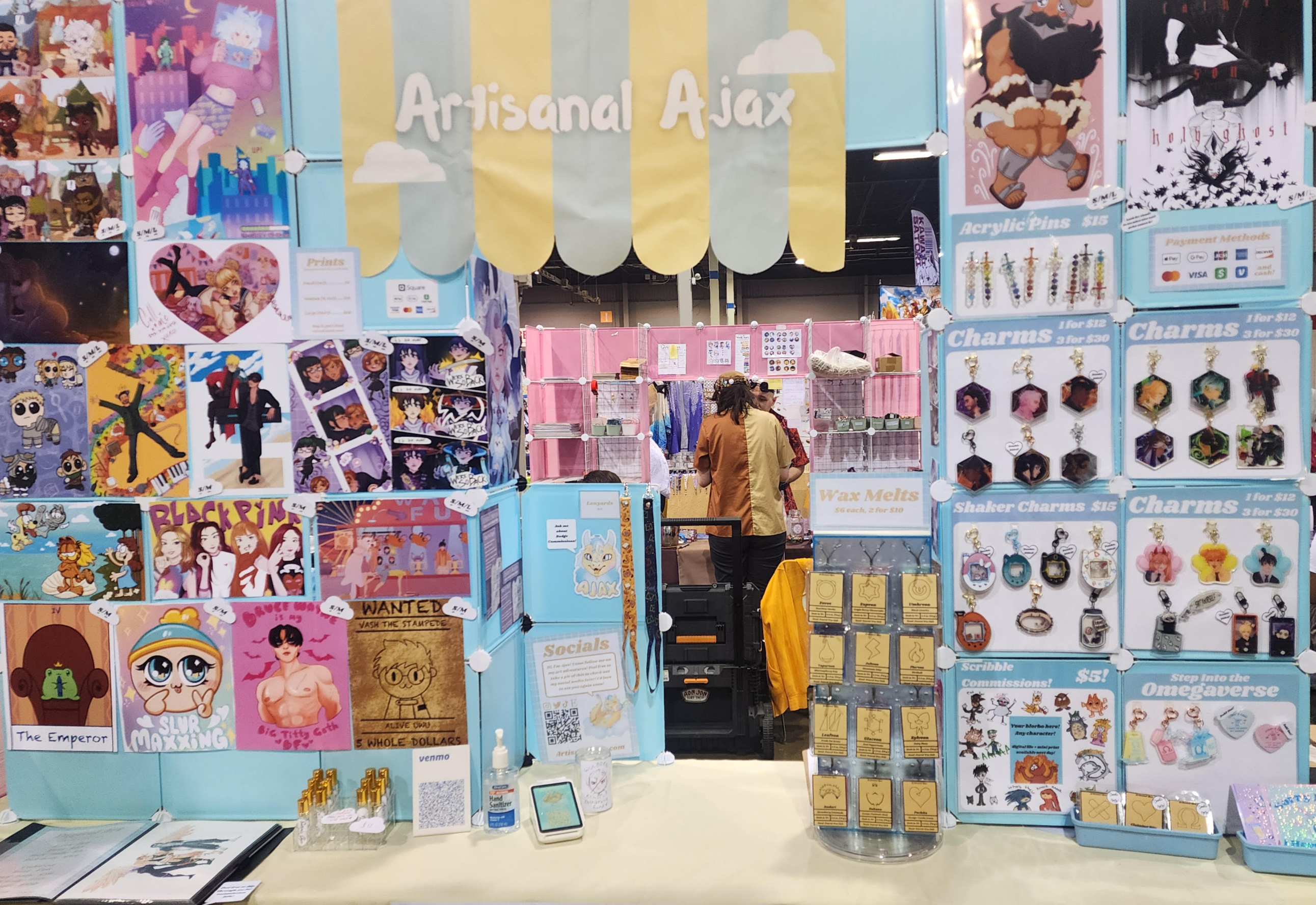 stickers, prints, dice, charms, shaker charms, buttons, clothing, tote bags, Chizu Con artist alley 2024