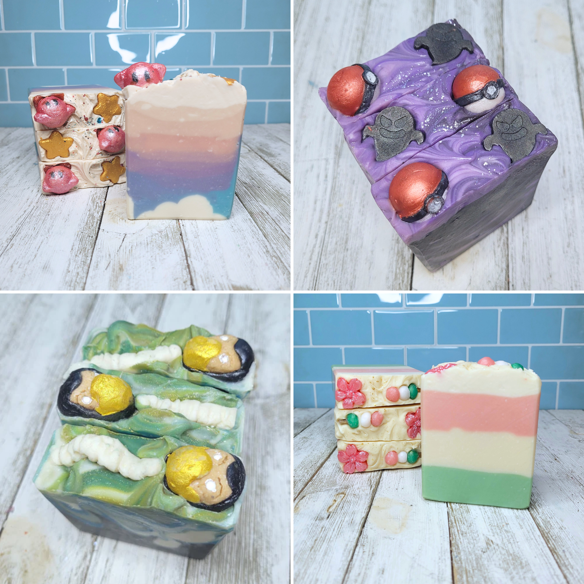 anime, video game, & comic book inspired small business artisan soap, lip balms, wax melts, stickers, bead bracelets Geek'd Soaps Chizu Con 2024