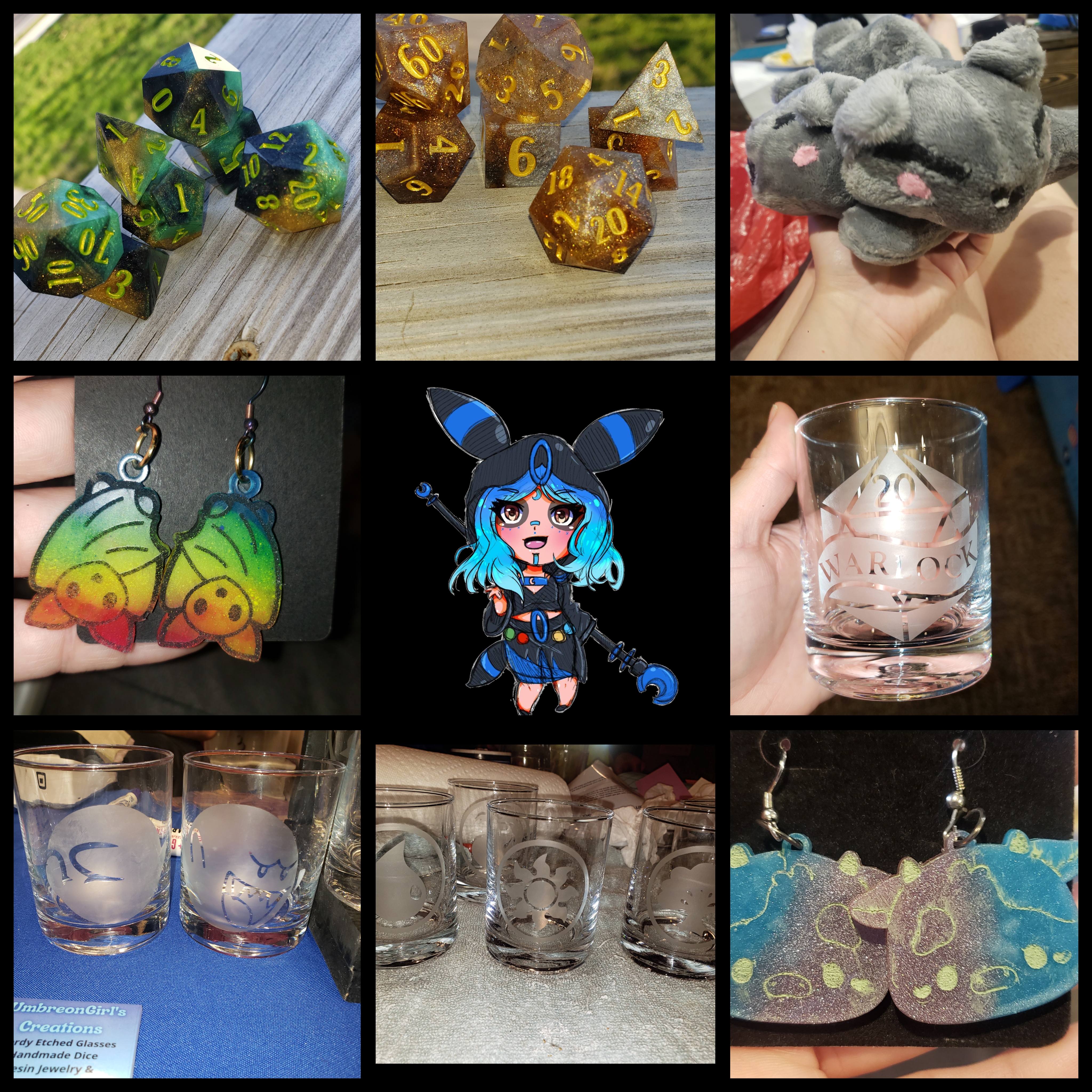  nerdy etched glassware, handmade dice, handmade plushies handmade earrings UmbreonGirl's Creations Chizu Con 2024