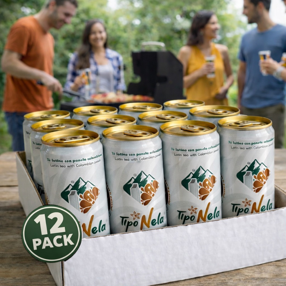 Outdoor gathering with Tipo Nela Natural Latin Tea 12-Pack, friends, and grill.