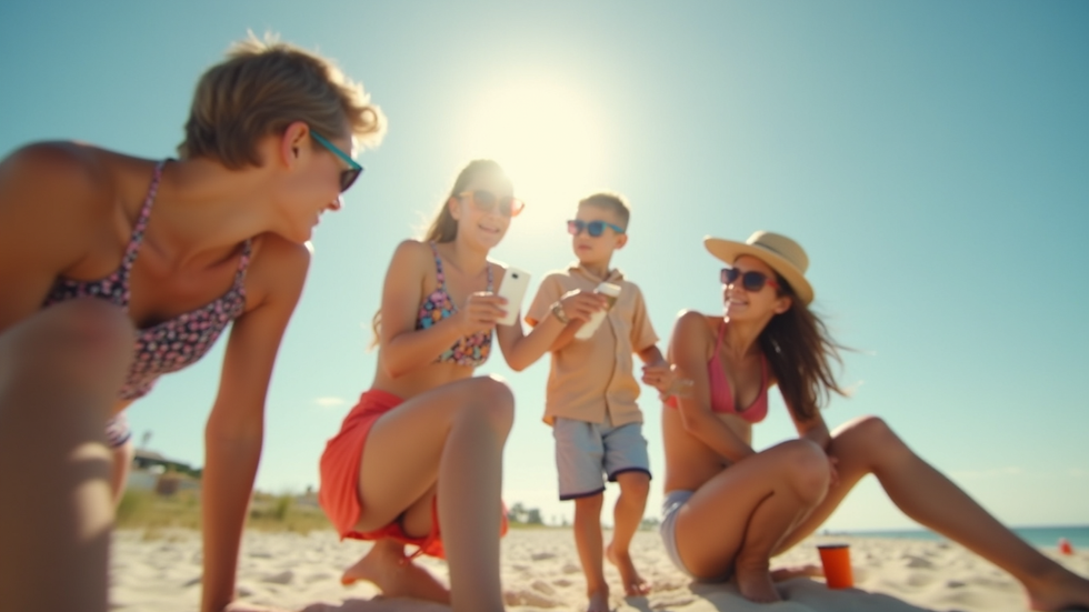 Eye-level view of a family applying sunscreen outdoors on a sunny day