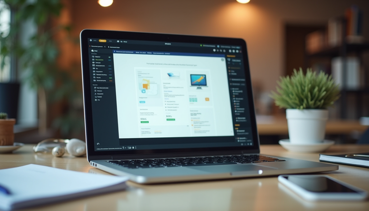 Eye-level view of a modern workspace with a laptop displaying a website design draft