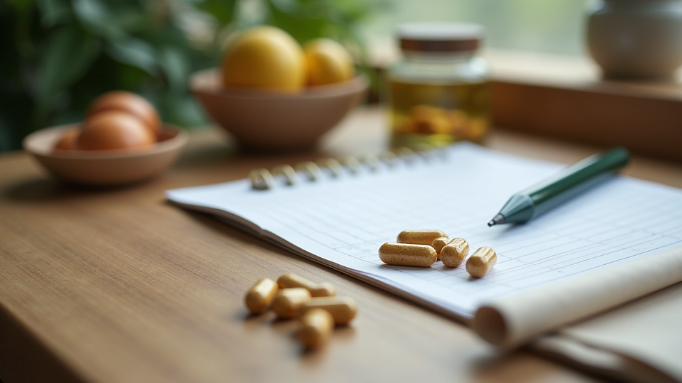 Close-up view of natural herbal supplements and consultation notes on a wooden table