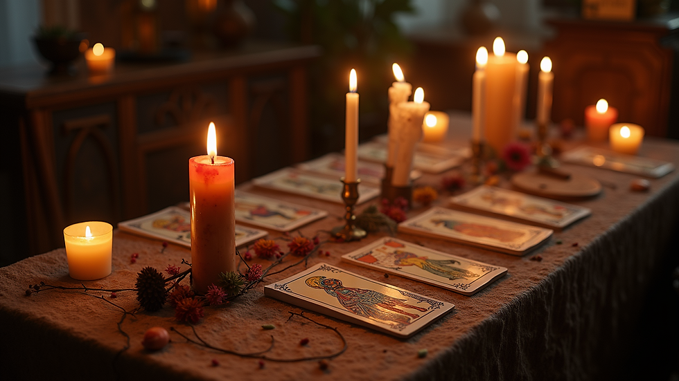 High angle view of a tarot table setup with candles
