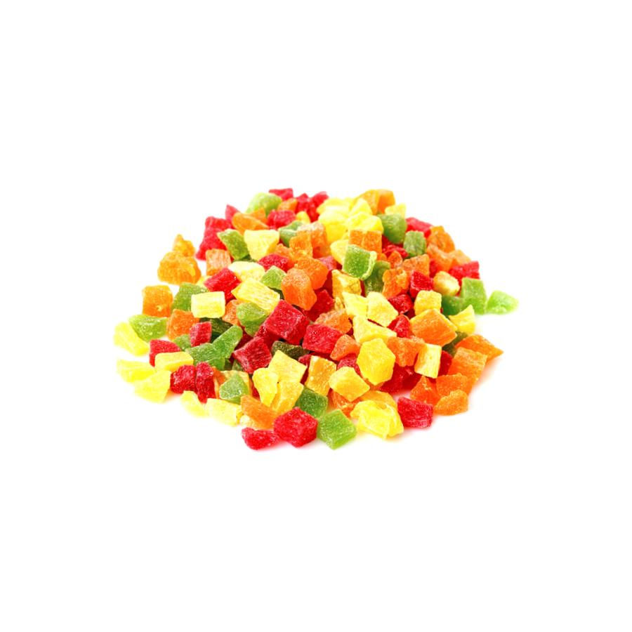 Кольорові кубики ананасових цукатів: червоні, жовті, зелені, оранжеві, без упаковки