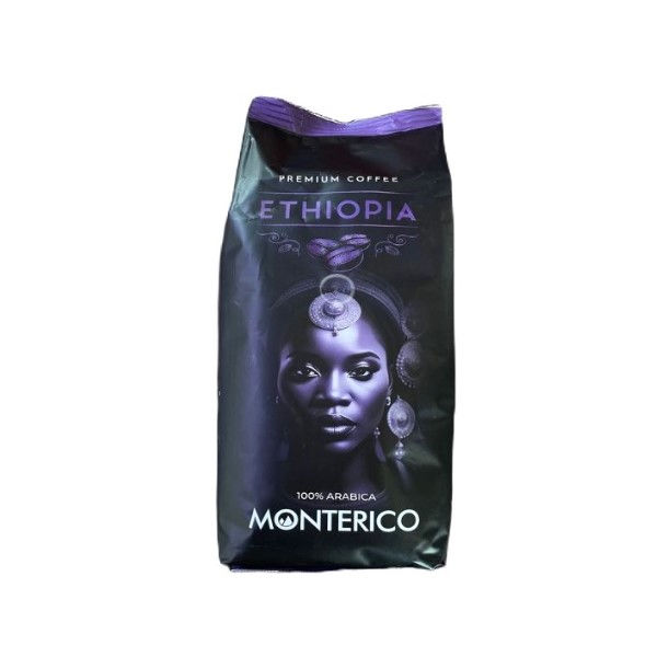 Чорна вакуумна упаковка кави Monterico Ethiopia 100% Арабіка з зображенням жінки.