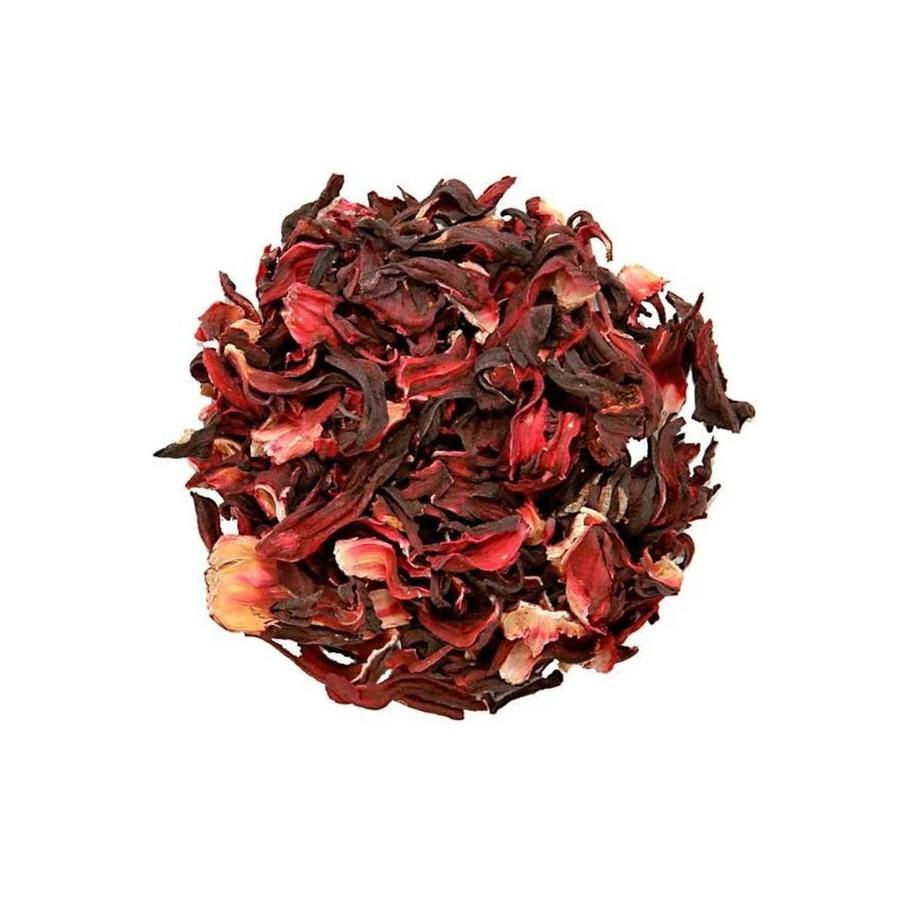 Сухі пелюстки каркаде червоно-бордового кольору, розсипний фруктовий чай для заварювання