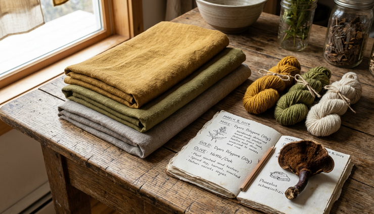 Close-up view of naturally dyed spring textiles folded beside dried dyer’s polypore and a notebook
