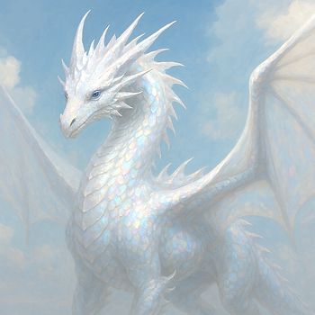Illustration d’un dragon blanc majestueux aux reflets irisés, représentant un guide spirituel et protecteur.