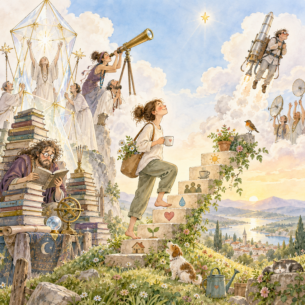 Illustration aquarelle humoristique montrant une femme qui monte tranquillement un escalier symbolisant les petits pas de la vie, tandis que d’autres personnages cherchent à ascensionner avec des dispositifs spirituels compliqués.