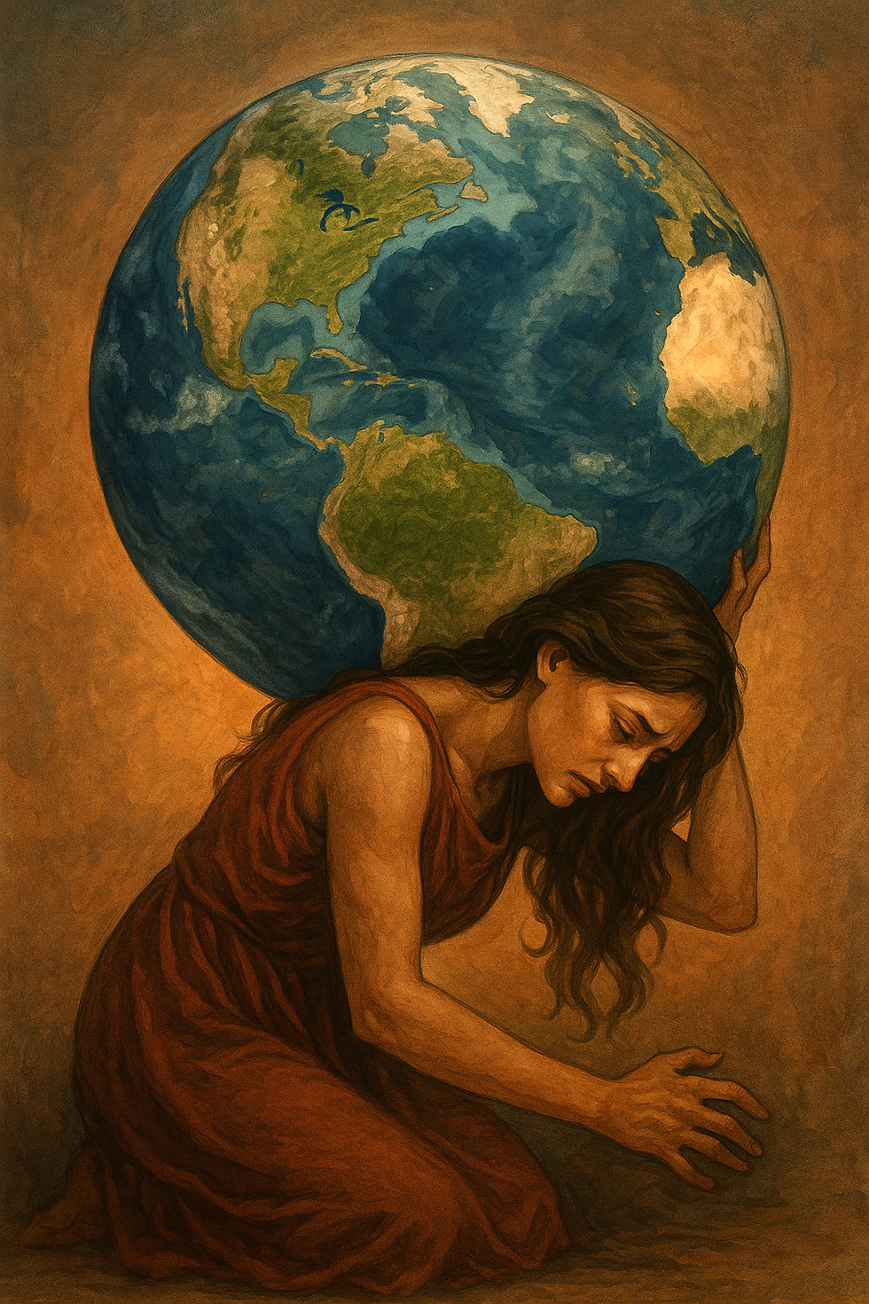 Une femme fatiguée, les épaules voûtées, soutient un monde lumineux au-dessus d’elle : illustration symbolique de la mémoire de l’âme pilier.