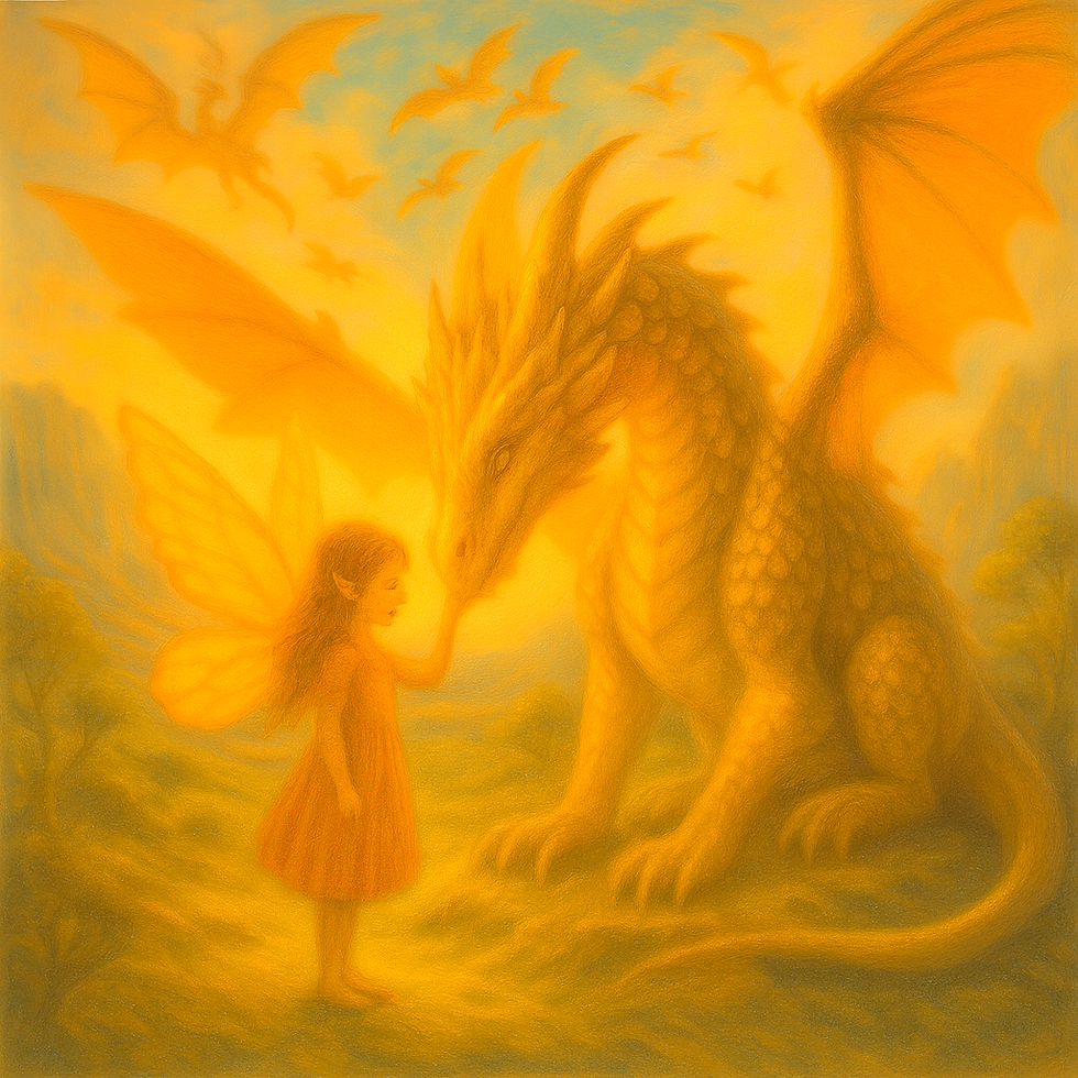 Illustration d’un enfant souriant aux côtés d’un dragon lumineux et bienveillant, symbolisant la liberté, la joie et la guidance intérieure.