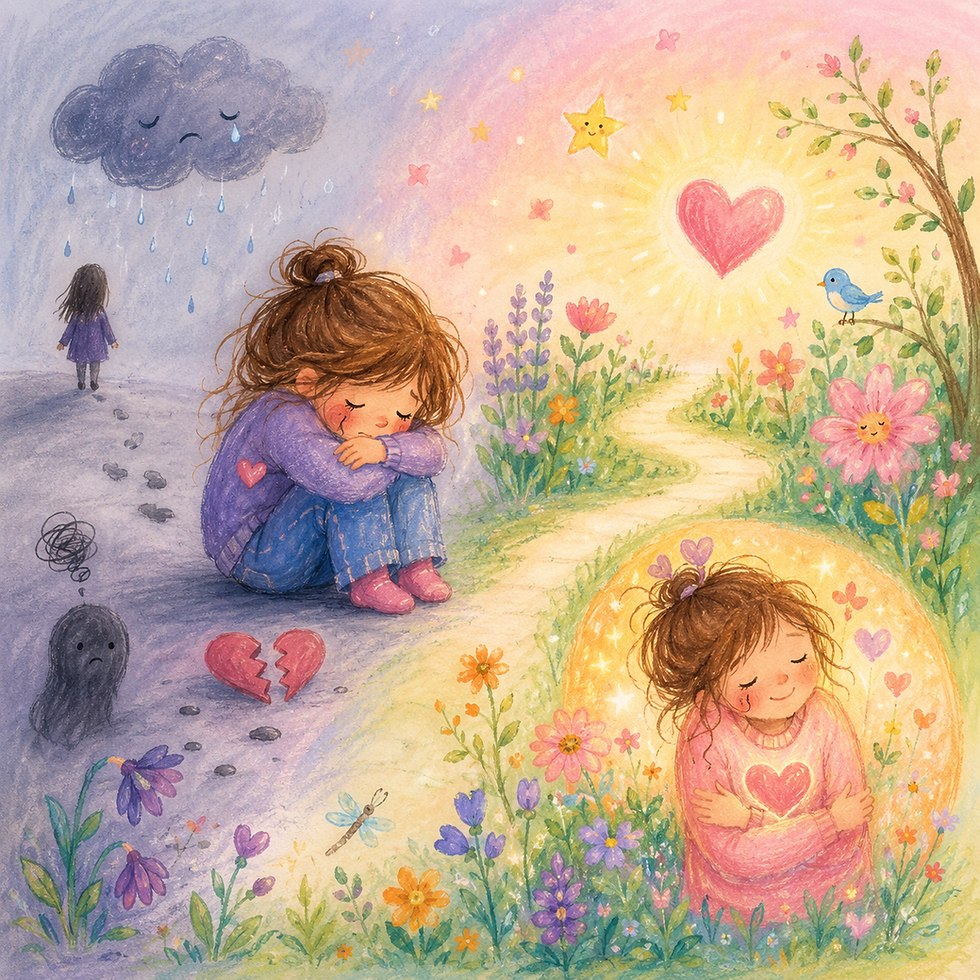 Dessin enfantin symbolisant la blessure d’abandon, avec une enfant triste sous la pluie et un chemin lumineux vers l’amour de soi.