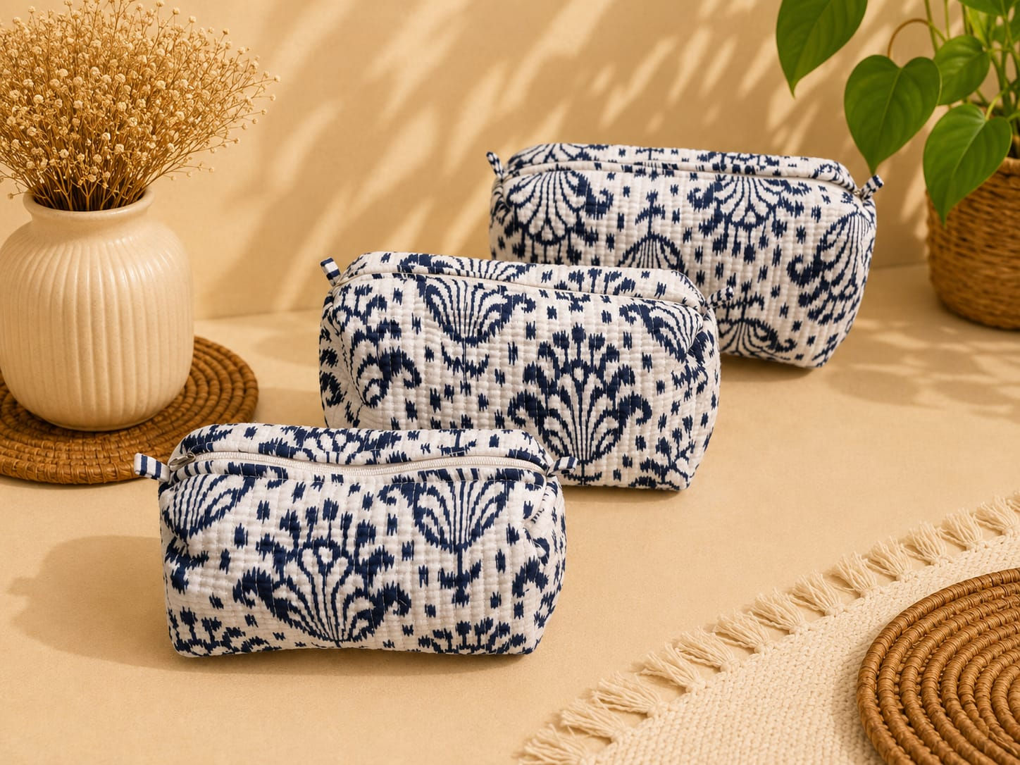 Indigo Elegance Multipurpose Quilted Pouch Set of 3