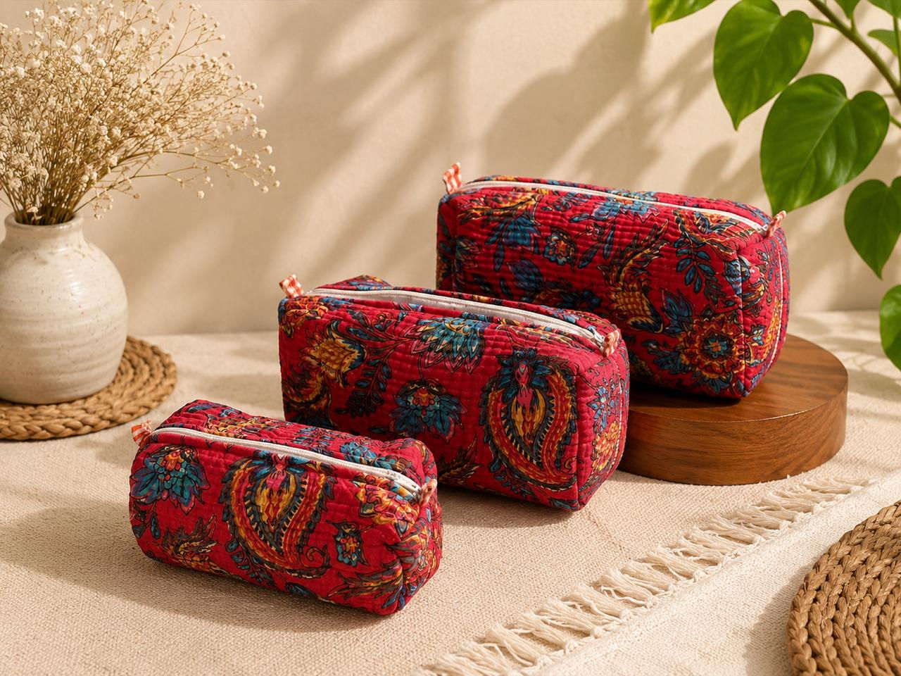 Multipurpose Quilted bag - Ruby Blossom - Set of 3