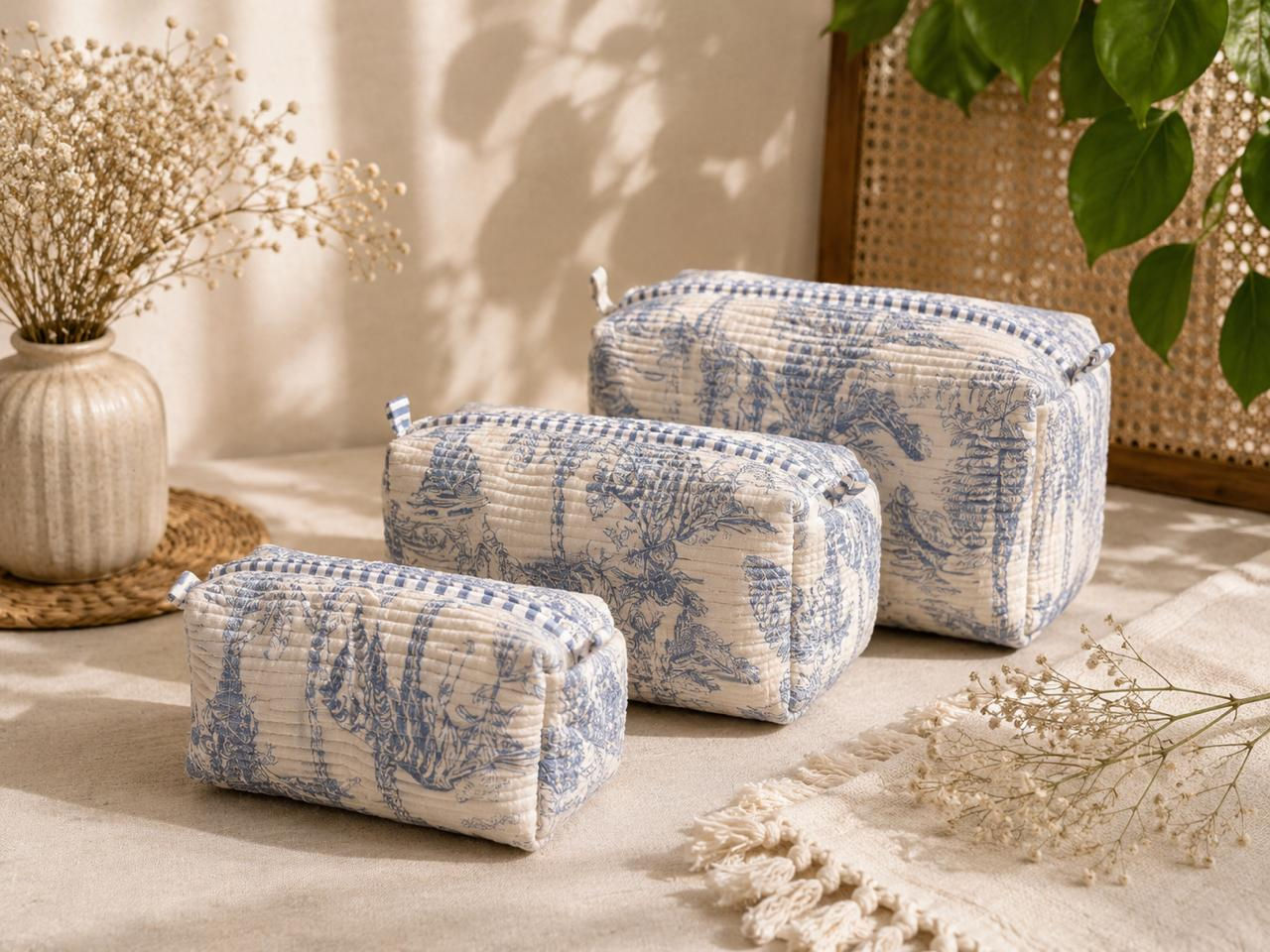 Multipurpose Quilted bag - Blue Toile Print- Set of 3