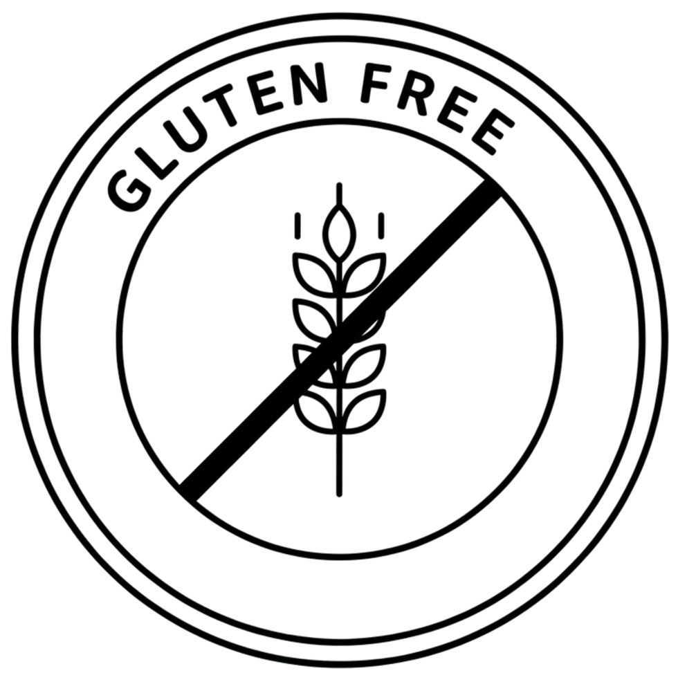 Circular badge with a sprig crossed out signifying gluten free