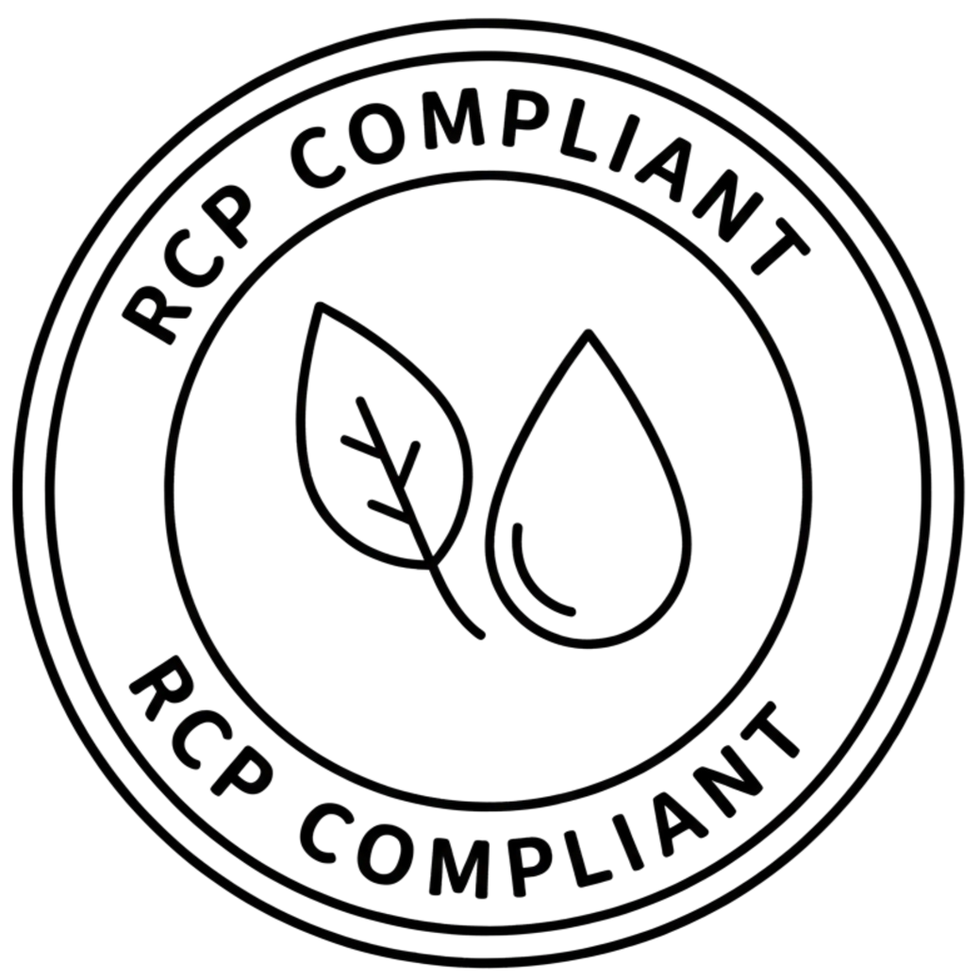 Circular badge inner has a and a droplet shape signifying root cause protocol compliant