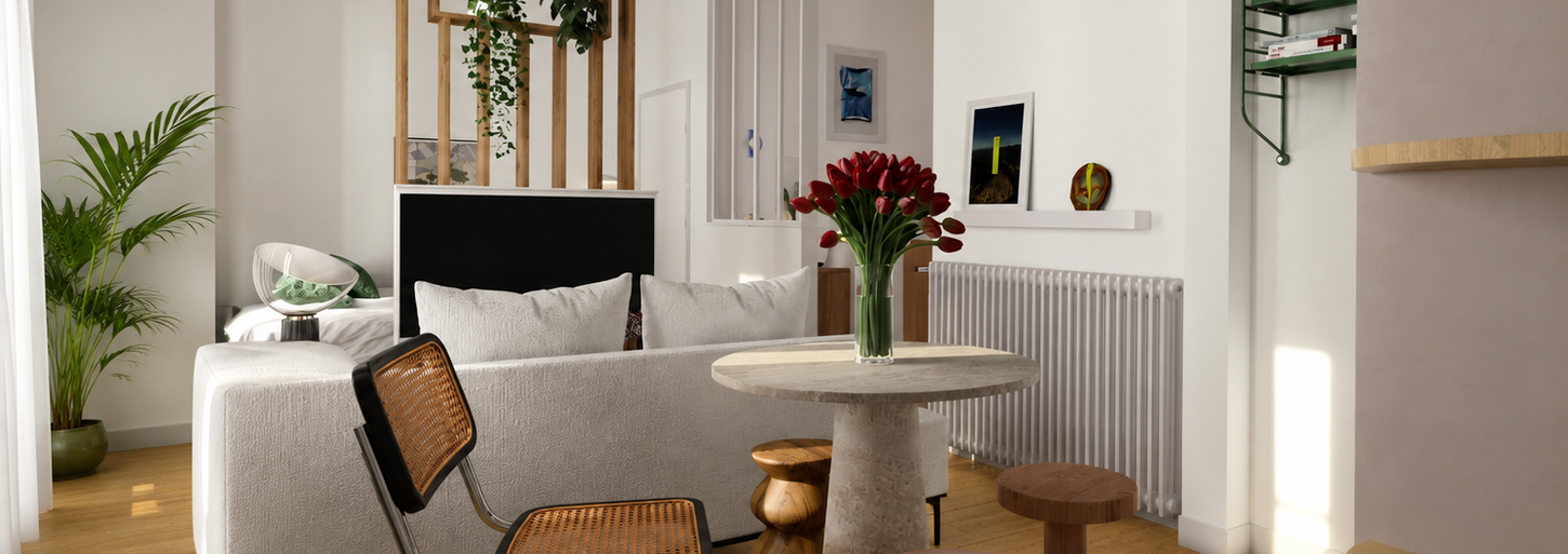 STUDIO 0 PARIS AVEC S2PARATION EN BOIS ENTRE SALON ET CHAMBRE