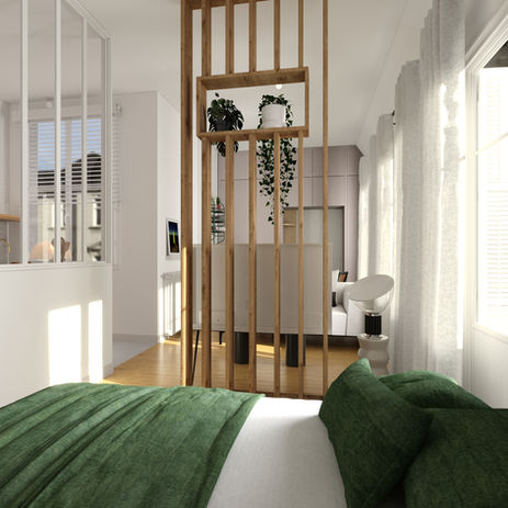 studio cuisine ouverte avec verriere blanche et coin nuit