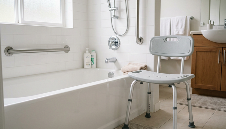 Close-up view of a bathroom grab bar beside a shower chair.