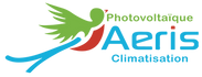 Logo de société AERIS, tricolor bleu vert et rouge représentant un colibri 