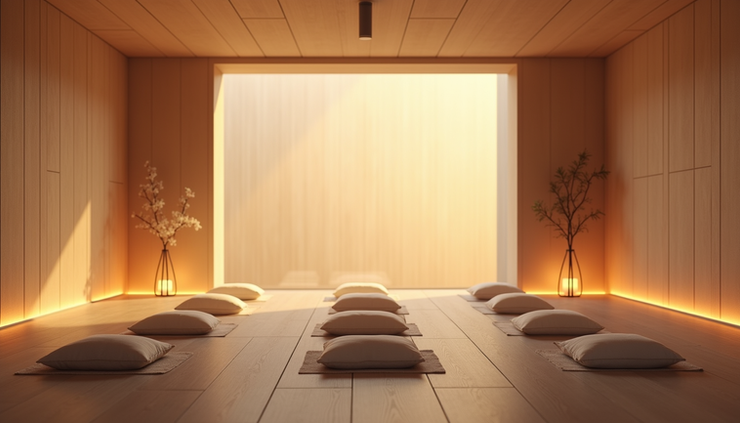 Close-up view of a calm indoor meditation space with cushions and soft lighting