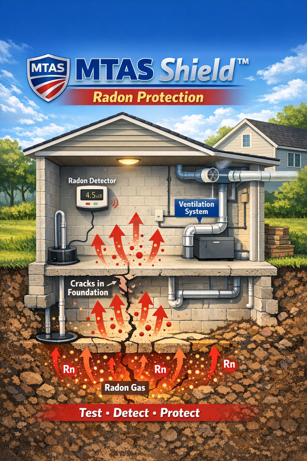 MTAS Shield Radon Protection diagram: Gas entering house through foundation cracks, detected, and mitigated.