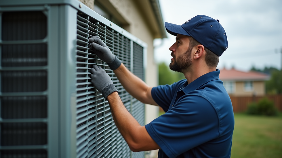 Eye-level view of a technician inspecting a residential HVAC unit