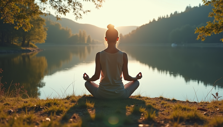 High angle view of a person practicing mindfulness meditation outdoors near a calm lake