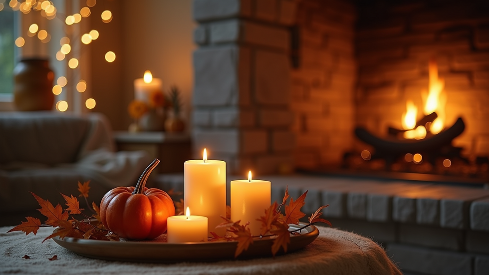 Eye-level view of a cozy autumn living room with candles