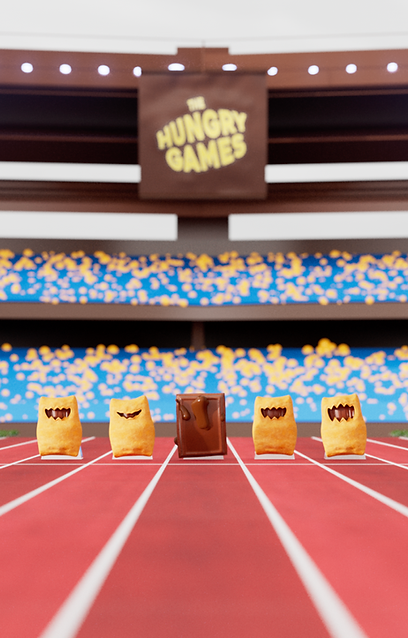 Stylized 3D stadium scene with repeating figures and bright graphic color palette