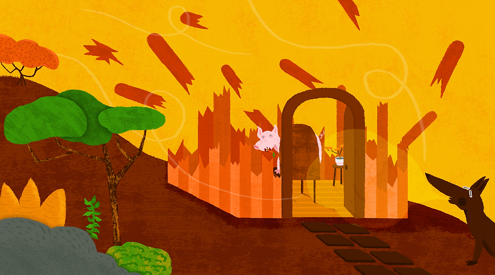 Three Little Pigs illustration showing a stylized village scene with warm colors and narrative composition