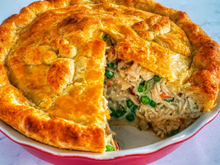 Chicken pot pie recipe — golden flaky double crust with creamy chicken and vegetable filling