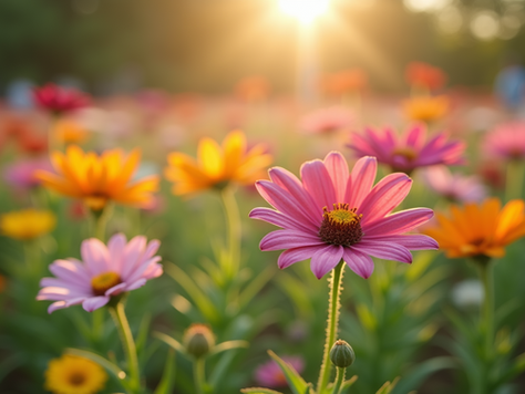 Pink and yellow flowers in a field