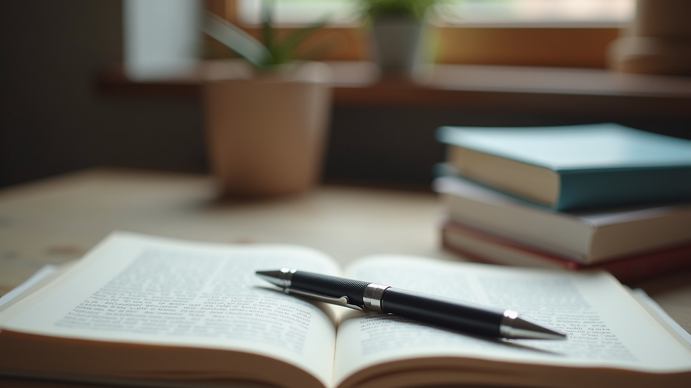 Close-up view of academic books and a pen on a study table