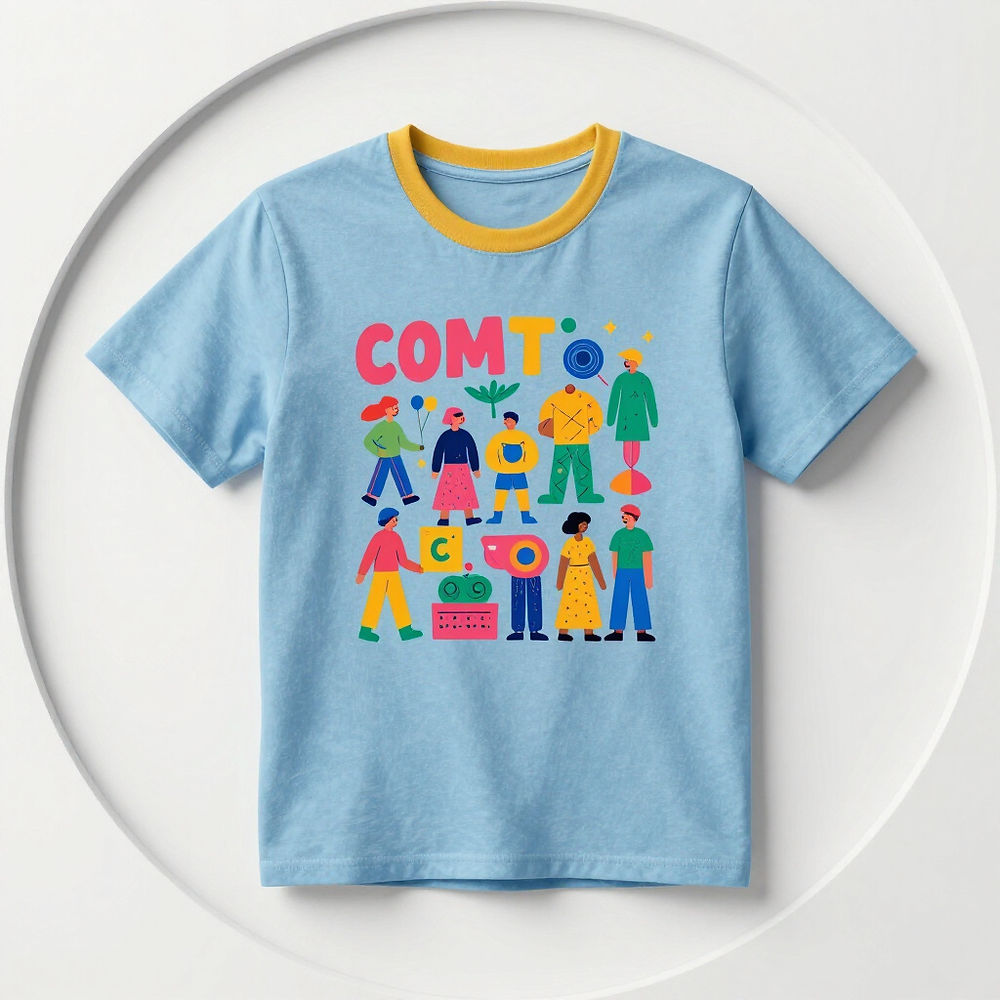 Light blue t-shirt with "COMTO" graphic and diverse people