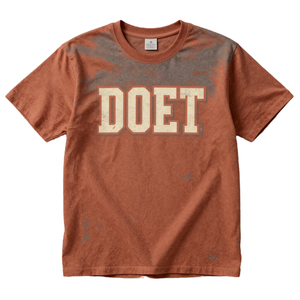 Burnt orange tight nit tee with DOET text