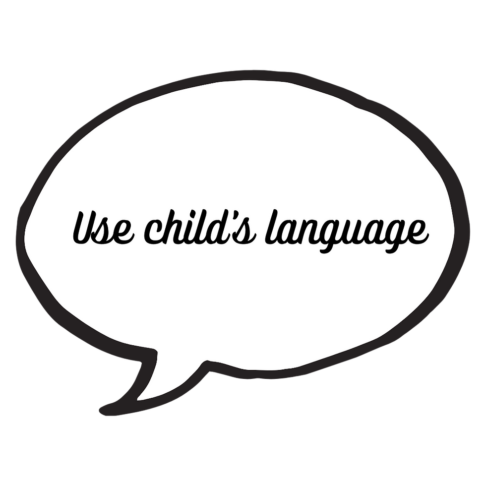 A speech bubble containing words, "Use child's language"