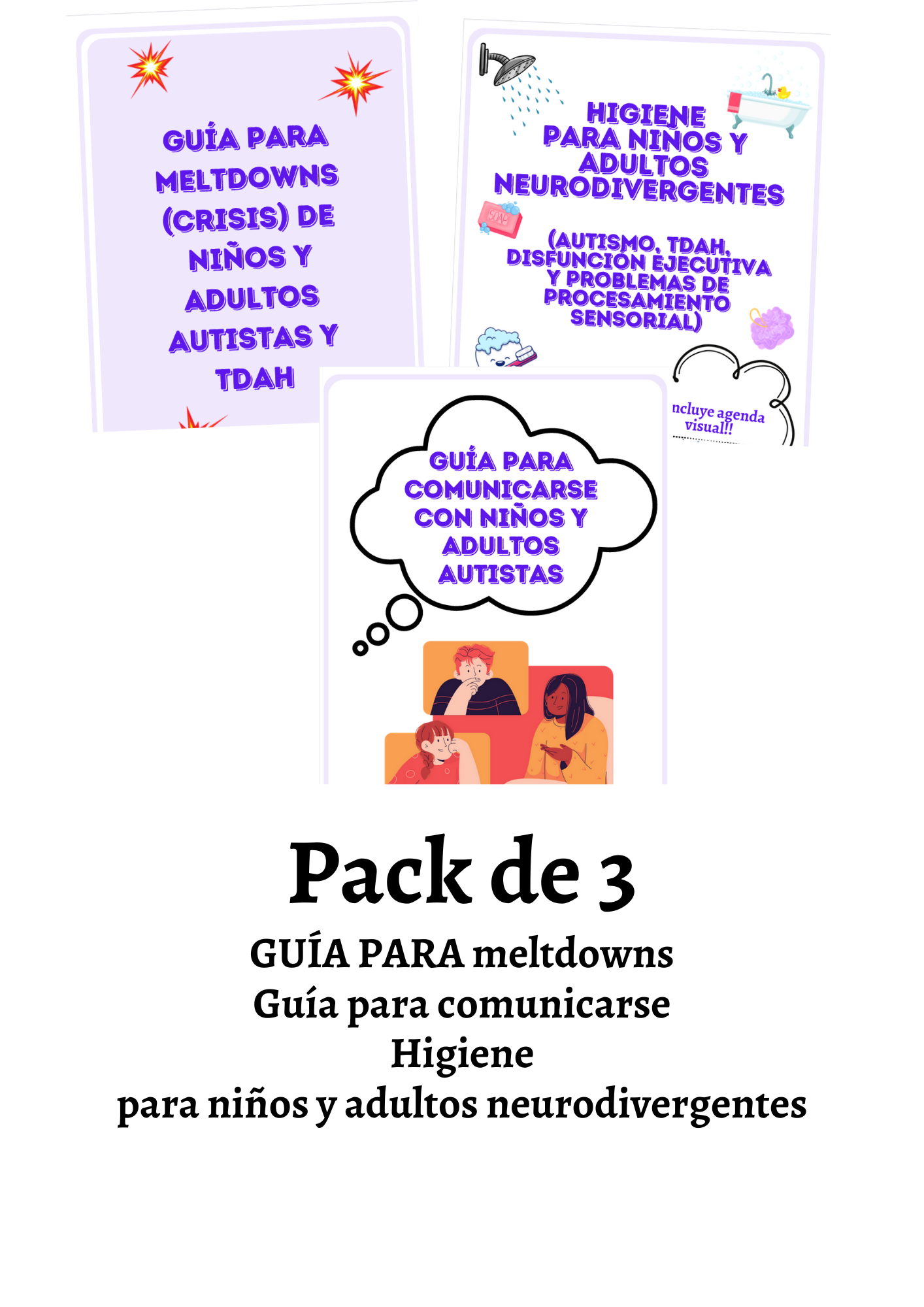 Pack de 3: GUÍA PARA meltdowns + para comunicarse + Higiene  paraniños y adultos