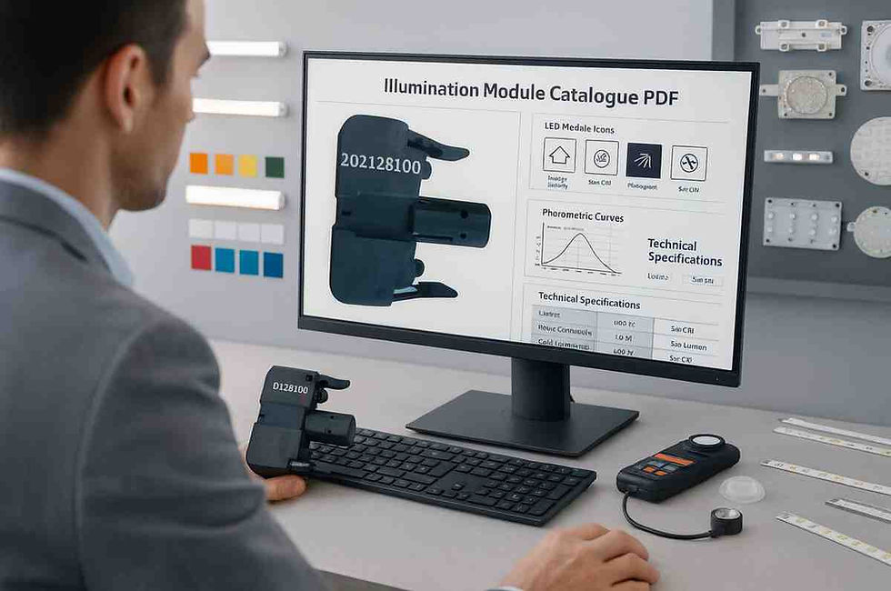 A professional lighting designer sitting at a modern desk, viewing an illumination module catalogue PDF on a large monitor. The screen displays LED module diagrams, photometric curves, and specification tables. Background shows lighting samples, color temperature swatches, and LED testing tools. Clean corporate environment.