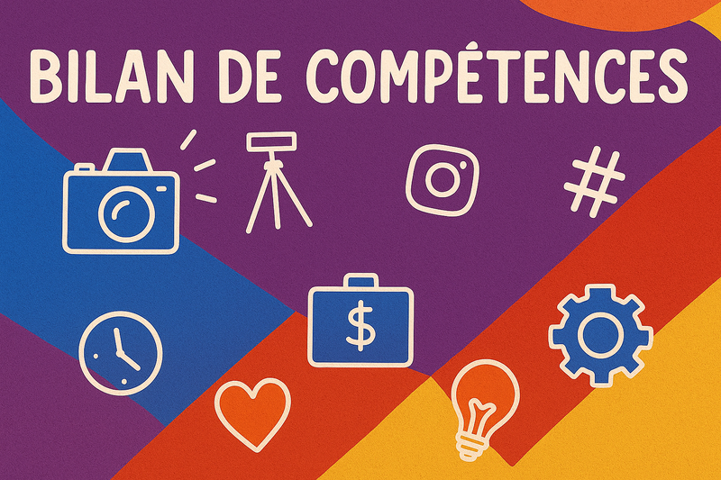 BILAN DE COMPÉTENCES avec des icônes de caméra, trépied, Instagram, horloge, dollar et équipement.