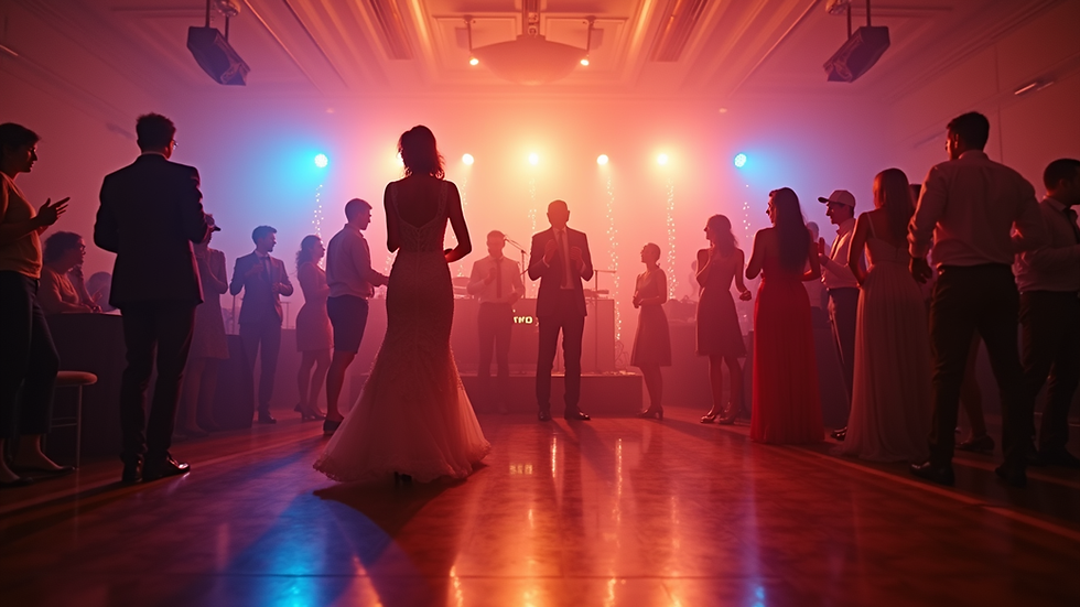Wide angle view of a wedding dance floor with guests enjoying music