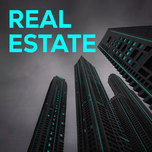 Collage showing property-management sign beside a modern tower rendering real-estate logos in Saudi Arabia for villas, buildings & property development.