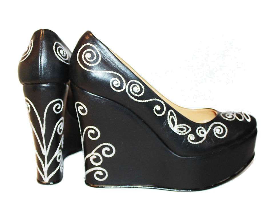 Thumbnail: Black and Silver Leather - Shoes Wedge